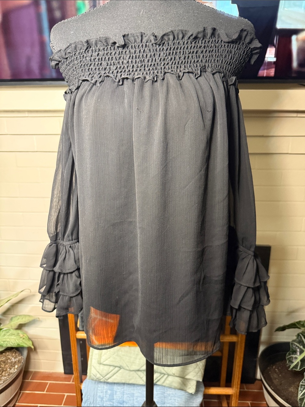CeCe Black Off-Shoulder Smocked Tunic with Ruffle Sleeves